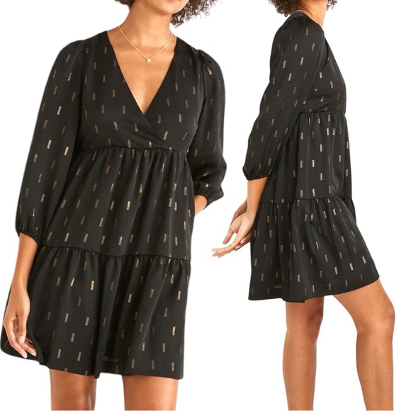 Madewell Dresses & Skirts - Madewell Metallic Jacquard Faux-Wrap Tiered Mini Dress - Black - Size Small NWT